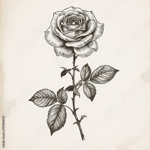 Antique black and white rose flower illustration on parchment texture background