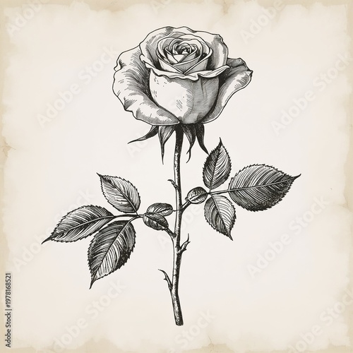 Antique black and white rose flower illustration on parchment texture background