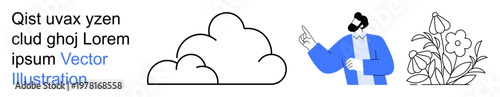 Education, nature, communication, creativity, design, and humanity . Illustration features a man pointing, a cloud and plants with text. Education and communication design concept