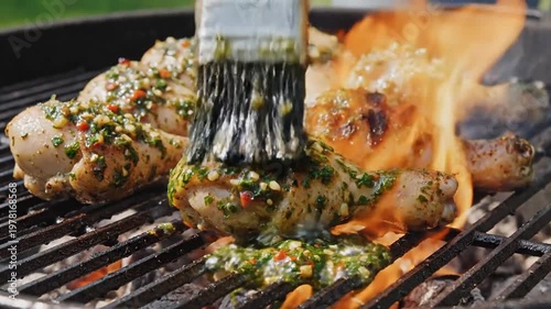 Grilling chicken drumsticks with herb sauce on a charcoal grill with flames