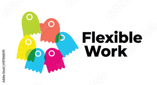 Flexible work, remote work, business icons, colorful teamwork, collaboration symbols