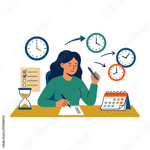 A woman manages her schedule with clocks and calendar on her desk.