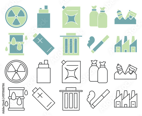 Eco Industry and Waste Management Flat Icon Set, Environmental Pollution and Recycling Vector Icons Collection