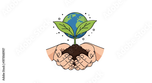 Conceptual vector illustration of cupped hands holding soil with a small plant and a globe, symbolizing Earth Day, set against a clean white backdrop with vibrant colors and a hopeful design