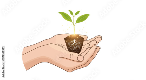 Illustrated hands gently cradle a sprouting plant with visible roots against a clean white background, presented in a vector design that emphasizes themes of environmental care