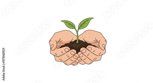 Illustrated hands gently cradle a small plant growing from soil, symbolizing Earth Day with clean vector graphics against a stark white background to evoke a hopeful and environmentally