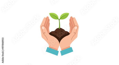A vector illustration shows cupped hands tenderly holding a small plant growing from soil, symbolizing Earth Day and environmental care, set against a clean white background with a hopeful
