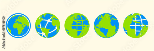 Blue green earth globe, World map in the shape of a globe. Earth globe collection. Flat style - stock vector template