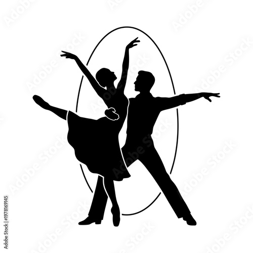 Ballet couple performing under spotlight silhouette