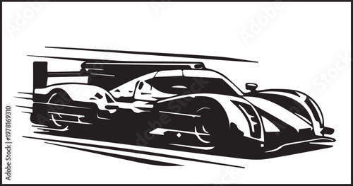 Black and white silhouette of endurance racing car with speed lines on transparent background.