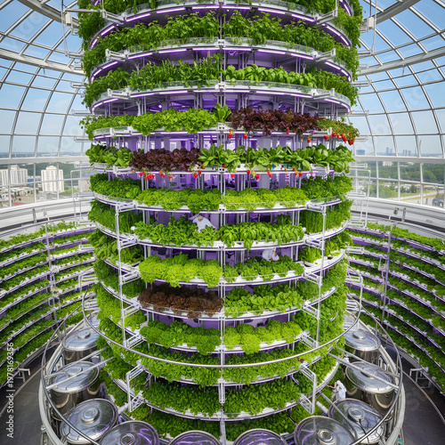 An aerial view of a vertical hydroponics system showcasing layers of vibrant fresh produce