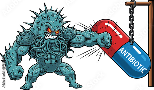 Cartoon bacteria monster punching antibiotic capsule, concept of drug resistance and antimicrobial awareness illustration isolated vector for healthcare design