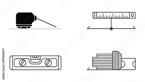 Measuring and Leveling Tools: A minimalist presentation of tools essential for accurate measurement and leveling, including a laser level, ruler, spirit level, and measuring instrument.
