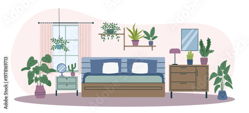 Bedroom interior background7. Concept of relax, sleeping, interiors. Vector hand drawn banner in flat style.