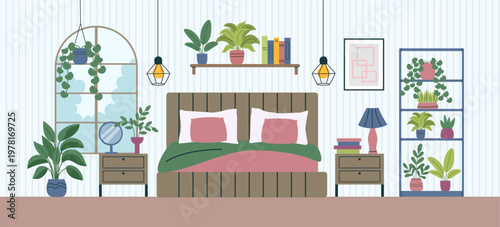 Bedroom interior background8. Concept of relax, sleeping, interiors, home. Vector hand drawn banner in flat style.