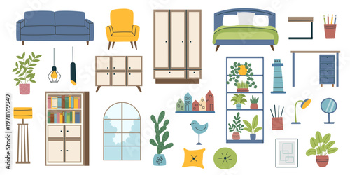 Interior furniture and decor elements set in flat style isolated on white background4. Collection of vector cliparts.