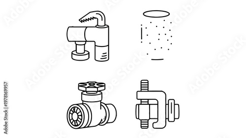 Essential Plumbing: A minimalist illustration of essential plumbing elements, showcasing a faucet, valve, and pipe fittings. Perfect for any home improvement or engineering project. 