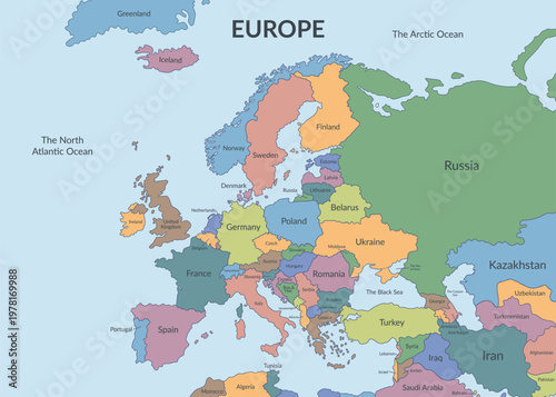 Detailed multicolored political map of the European countries and nearby regions2. Vector flat background.