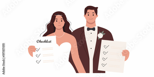 Newlyweds holding wedding checklists planning their special day together