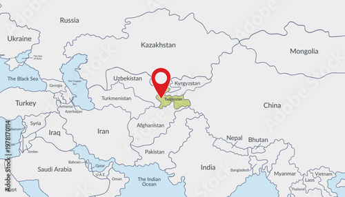 Tadjikistan on a political map with location marker3. Travel concept. Vector flat template.