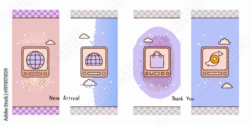 Four illustrated television screens with different icons and pastel backgrounds