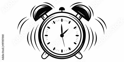 A black and white illustration of a ringing alarm clock showing ten o clock