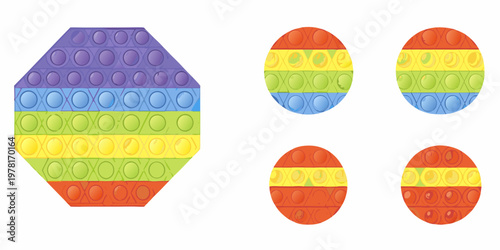Colorful pop it fidget toys in various shapes are displayed