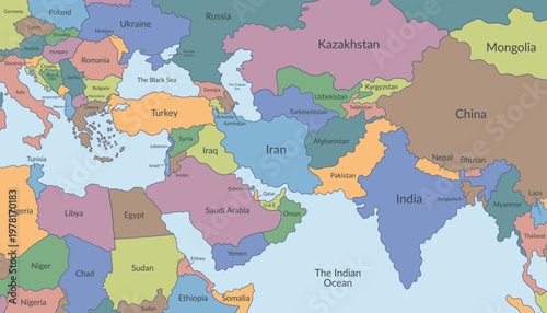Detailed multicolored political map of the Middle East and nearby regions2. Vector flat background.