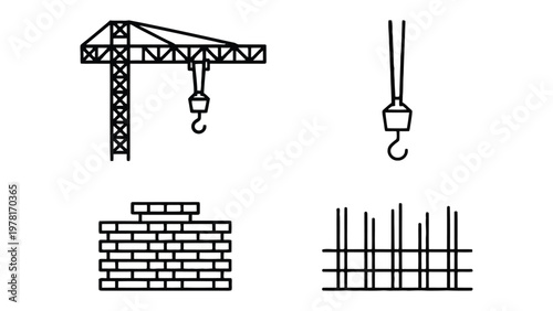 Construction Elements: A minimalist illustration features essential construction elements, highlighting the building process. The image showcases a crane, hook, brick wall, and rebar.