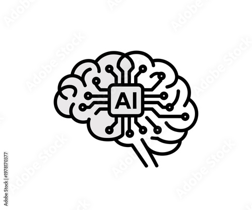 A minimalist vector graphic illustration of a brain with a microchip representing artificial intelligence