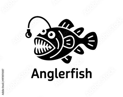 A minimalist vector illustration of an anglerfish with a fishing lure on its head