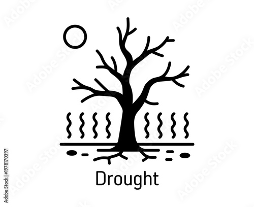 A minimalist vector graphic illustration of a bare tree under drought conditions with a sun and dry soil