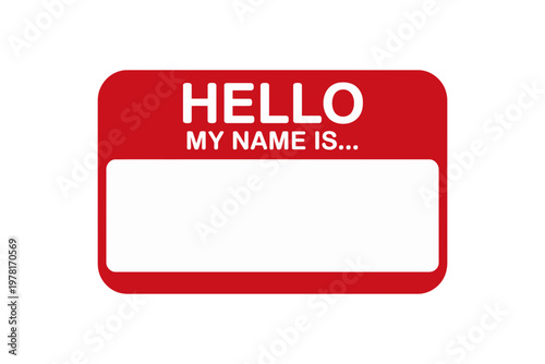 A red name tag with a white blank space for a person's name on a plain white background