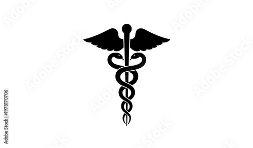 Caduceus medical symbol silhouette with snakes and wings for healthcare logo and icon design