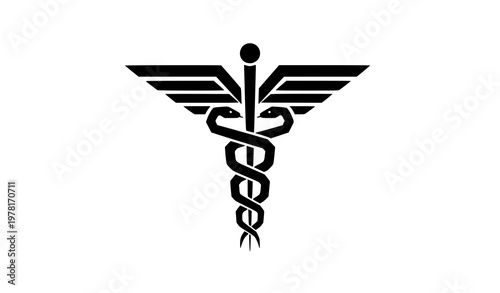 Geometric caduceus silhouette with snakes and wings for modern medical symbol design