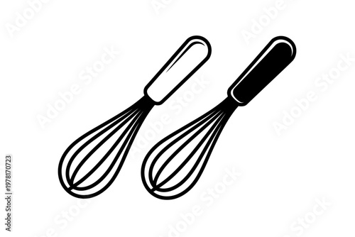 A minimalist vector illustration of two whisks with different handles on a transparent background