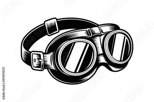A pair of vintage steampunk goggles with a leather strap and metal buckle, perfect for science fiction and industrial themed designs