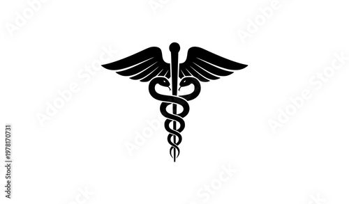 Stylized caduceus medical silhouette with snakes and wings for healthcare branding design