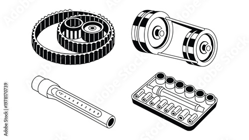 Mechanical Toolkit Essentials: A comprehensive assortment of essential automotive tools, presented in a crisp, illustrative style. Focused on clarity and precision.