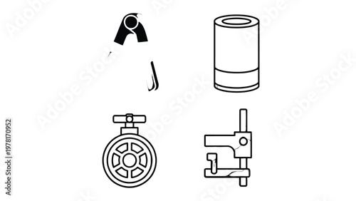 Iconic Machinery Collection: A curated collection of essential industrial icons, each representing a key tool, instrument, or component, all cleanly rendered in black and white.