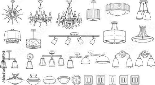 Variety of Decorative Lighting Fixtures Including Chandeliers, Ceiling Lights, and Wall Switches for Home and Office Interior Design