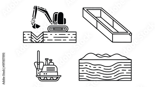 Construction Elements: This illustration captures several key elements of the construction process. It includes an excavator at work, a trench, a compactor, and a cross-section of earth layers.