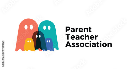 Colorful ghost characters, Parent Teacher Association logo, vector icons, educational organization symbol