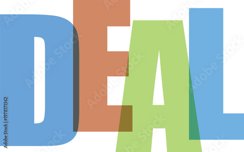 Deal text illustration in blue orange and green colors on transparent background.