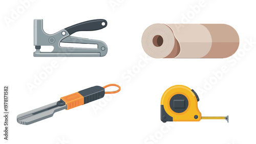 Handy Tools for Home Improvement: A collection of essential tools for any home improvement project, including a staple gun, measuring tape, spatula and tape roll.
