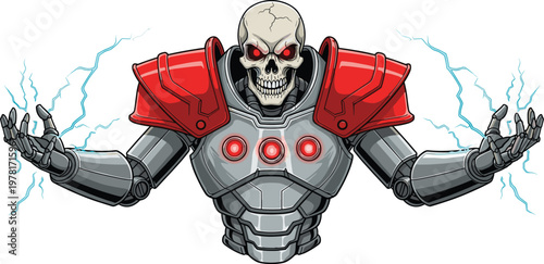 Futuristic robotic skeleton with glowing eyes and electric power, sci fi cyborg character illustration isolated vector for technology and gaming design