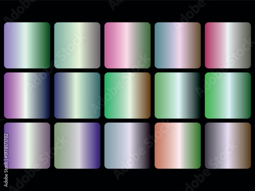 A colorful array of 18 shiny squares with various gradient effects on a with rounded corners