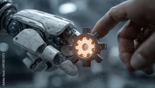 Hand of a robot and a human hand connecting gears on a digital background, a concept for artificial intelligence technology with a mechanical arm or hands holding a glowing gear icon over hologram.