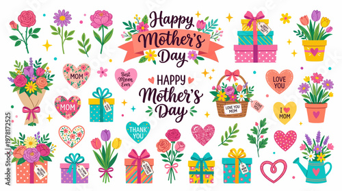 Gift Box and Flowers Mother’s Day Clipart Set