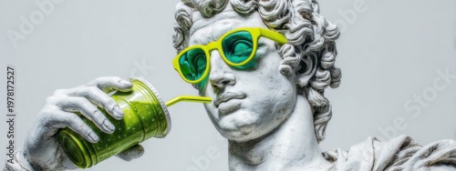 Statue wearing sunglasses and drinking from a cup with a green drink against a plain background